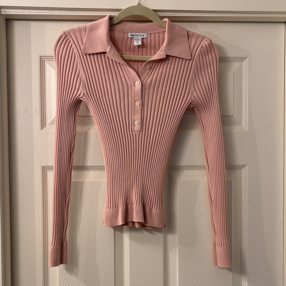 Athleta Pink Ribbed V-Neck Sweater